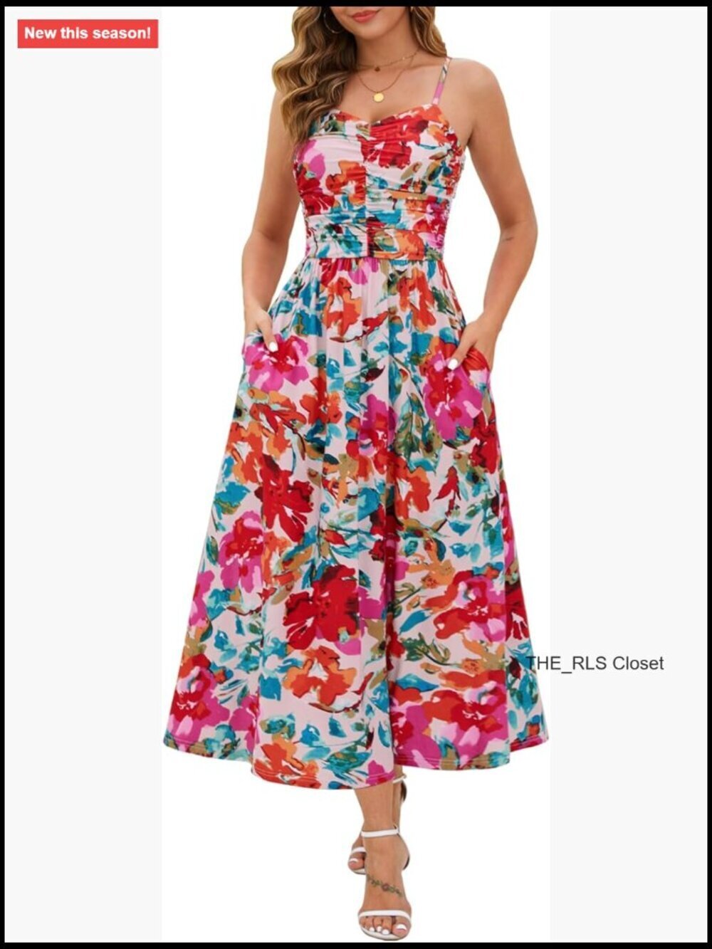 Ruched Maxi Dress Adjustable Spaghetti Strap Floral Beach Sundress with Pockets